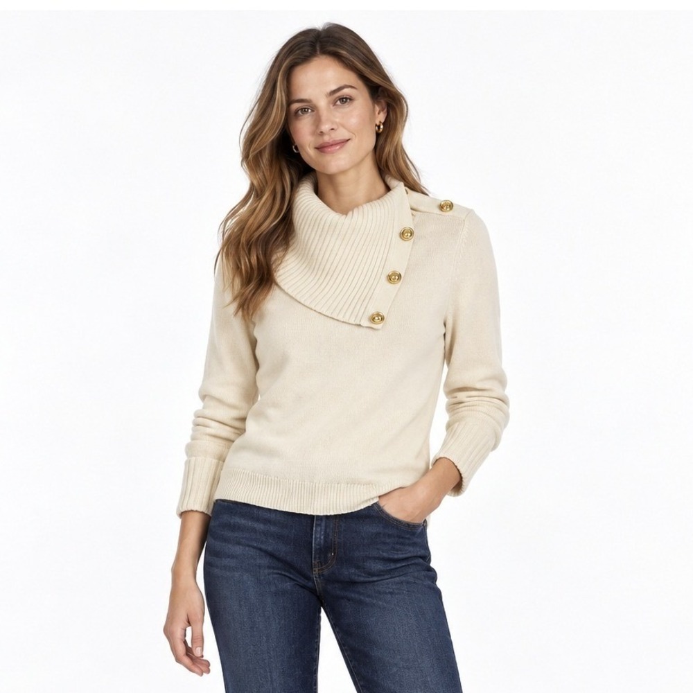 Banana Republic Button Neck Sweater Small Cream Cowl Gold Button Cotton Preppy